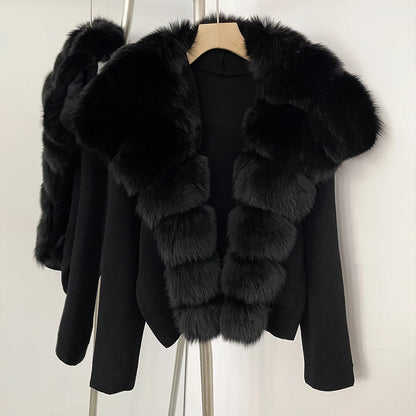 Elegant Knitted Cardigan Women's Sweater Knitting Jacket with Fur and cuffs Knitted Women's Long Sleeve Top Short Sweater