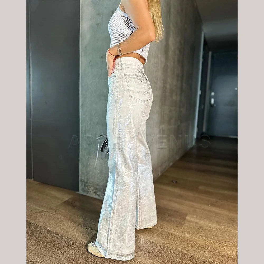 Metallic Denim Straight Jeans Wide Leg Women High Waist Loose Pants Y2K Oversize Denim Trousers Hip-hop Streetwear