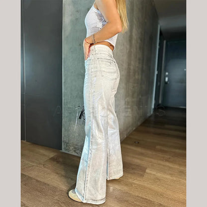 Metallic Denim Straight Jeans Wide Leg Women High Waist Loose Pants Y2K Oversize Denim Trousers Hip-hop Streetwear