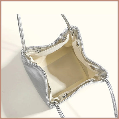 Sparkling Silver Mini Drawstring Bucket Bag, PU Glittery Crossbody Handbag with Wallet for Women