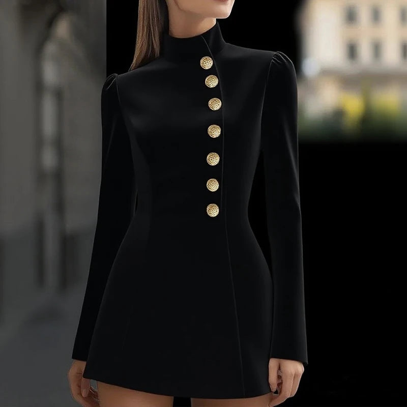 Elegant Stand Collar Commutr Blazer Dress Women's Fashion Single-breasted Solid Mini Dress Casual Long Sleeve Slim Party Dresses