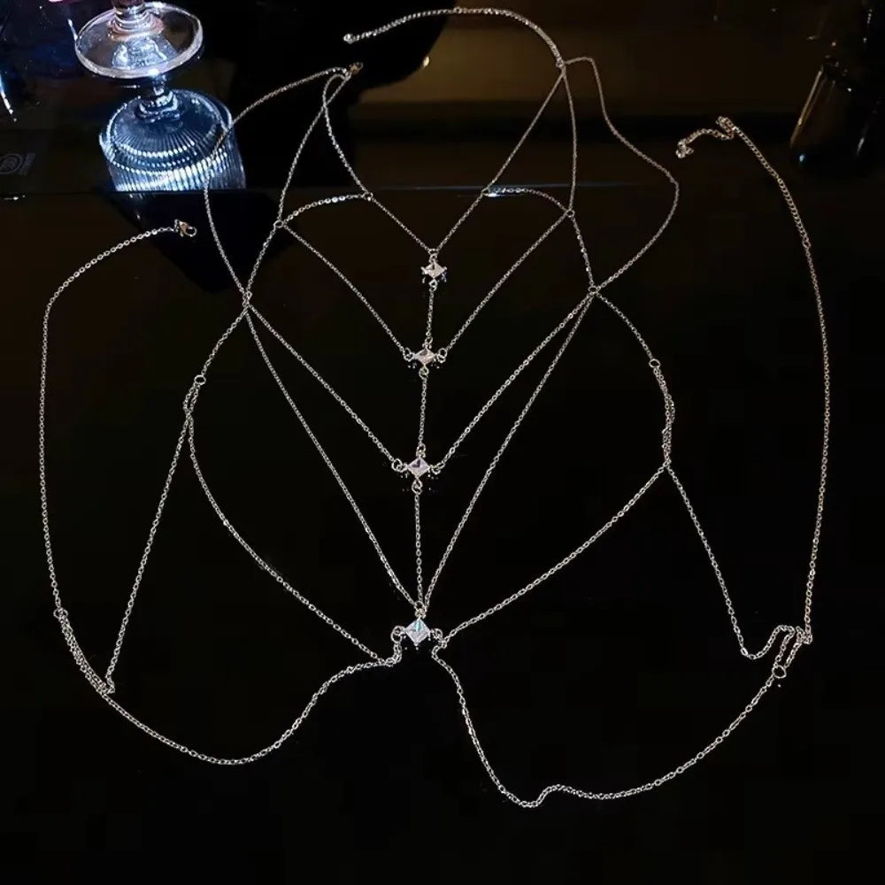 Body Jewelry Glitter Rhinestone Bust Chain Sexy Multilayer Silver Body Chain Luxury Trend Body Chain Jewelry Party