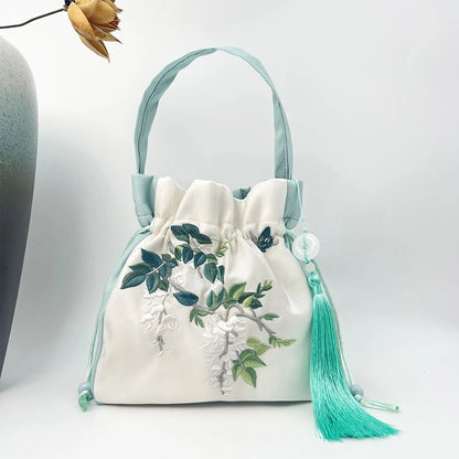Chinese Style Retro Flower Embroidery Crossbody Top-handle Bags Women Shoulder Lace Drawstring Bucket Bag Coin Purses Handbags