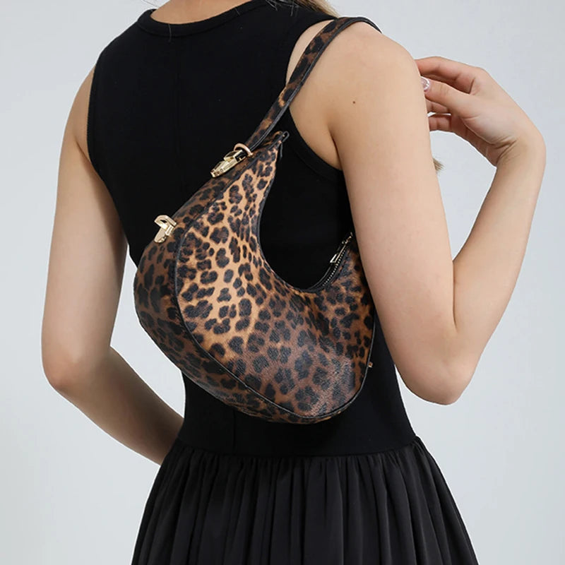 Crescent-shaped Underarm Bag for Women Brown Black Leopard Handbag Clutch Bag Female Vintage PU Leather Crossbody Bags Versatile