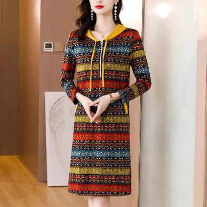 Elegant Fashion Zipper Hooded Striped Dress Spring 2022spring Autumn Women's Clothing Folk Vintage Long Sleeve Straight Dresses
