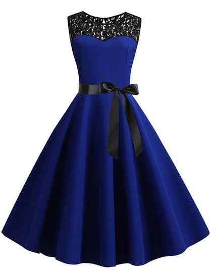 Lace Patchwork Floral Print Women Summer Dress Hepburn 50s 60s Elegant Vintage Dress Office Ladies A-Line Party Dresses Belt