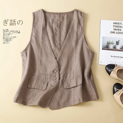 TingYiLi Cotton Linen Sleeveless Jacket For Women Summer V-neck White Khaki Green Black Vest Korean Style Waistcoat Cardigan