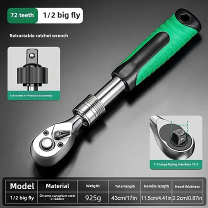 72-Tooth Ratchet Wrench Set, Chrome Vanadium Steel, Automatic Two-Way Mechanism, Stretchable, Ergonomic Grip, with Quick Socket