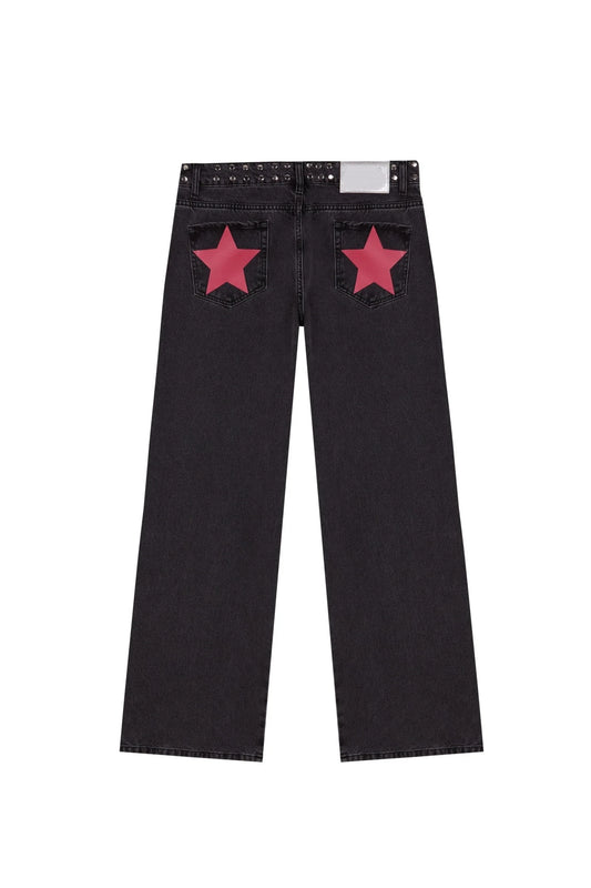 Y2K Vintage Jeans Women High Waisted Denim Pants Five Pointed Star Print Harajuku Street Baggy Casual Straight Leg Trousers