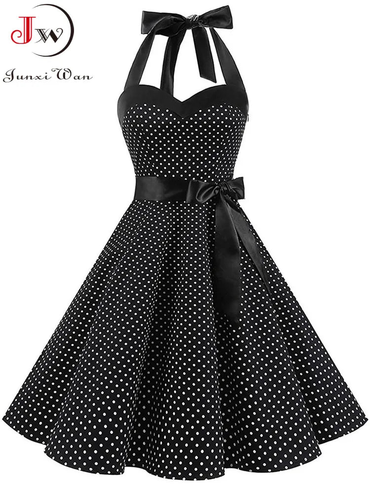 Women Summer Polka Dot Vintage Dress Fashion Party Office Lady 50s 60s Rockabilly Big Swing Halter Clothes Tunic Vestidos