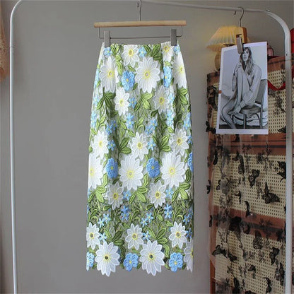 Spring and Summer Crocheted Openwork Lace Bag Hip Skirt Female Long Flower Embroidered Beautiful Skirt Female Skirts for Women