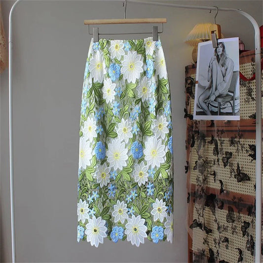 Spring and Summer Crocheted Openwork Lace Bag Hip Skirt Female Long Flower Embroidered Beautiful Skirt Female Skirts for Women