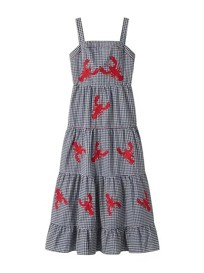 HXAO Women Ruffle Embroidery Slip Dress Sleeveless Plaid Dress Pleated Backless Beach Dress Holiday Woman Summer Dress 2024