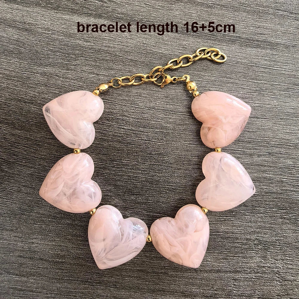 Big Love Heart Necklace Women Choker Statement Bracelet Gold Color Acrylic Beads Stainless Steel PVD Waterproof White Beige Red