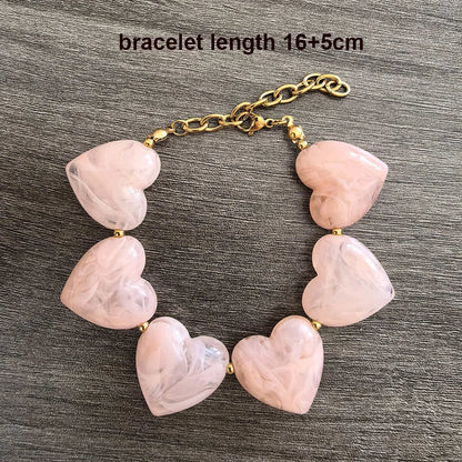 Big Love Heart Necklace Women Choker Statement Bracelet Gold Color Acrylic Beads Stainless Steel PVD Waterproof White Beige Red