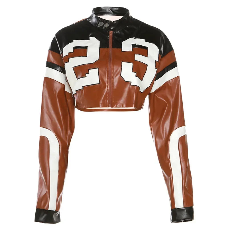 CM.YAYA Women Fashion Letter Printed Patchwork Zipper Fly Moto and Biker Style Faux Leather PU Jackets