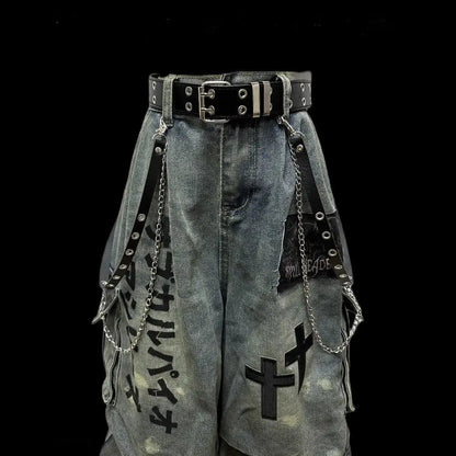 Europe and The United States Diablo Cropped Jeans Women New High Street in Summer To Do Old Creases Patch Wide Leg Pants Unisex