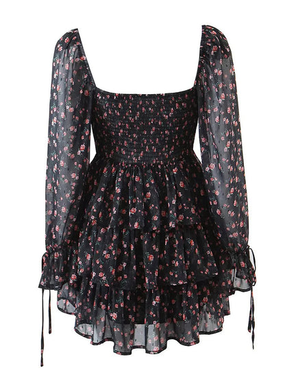 E 2022 Fashion Women Vintage Floral Print Chiffon Dress Sexy Semi-Sheer Long Sleeve Layered Ruffle Ladies Short Dress