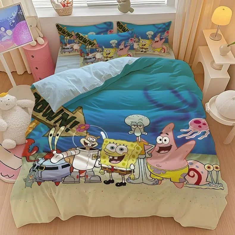 New Anime SpongeBobs Bedding Set Duvet Cover Bed Set Quilt Cover Pillowcase Comforter king Queen Size Boys Adult Bedding Set