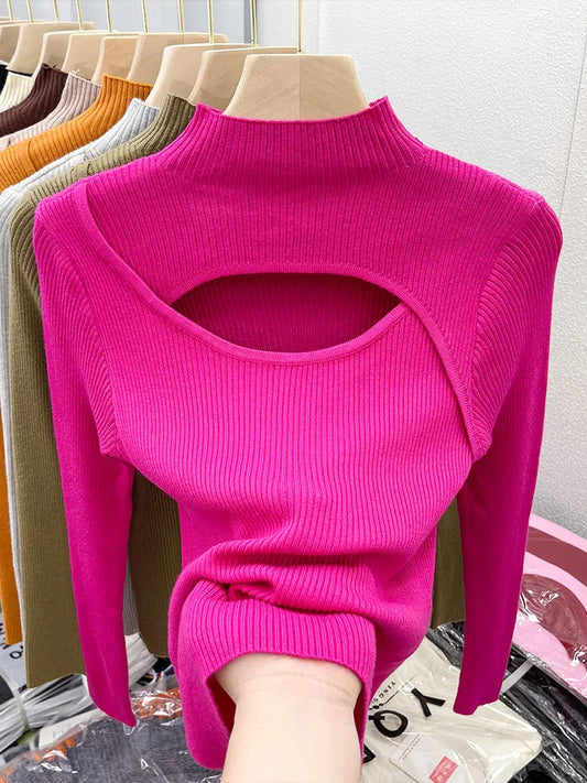 2025 Autumn Winter Sexy Hollow Out Women Sweaters Tops Slim Vintage Jumper Soft Warm Pull Female Casual Pullover Knitted Sweater