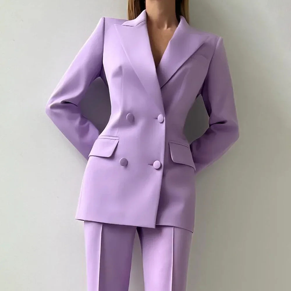 Women Suits Sets 2 Piece Elegant Peak Lapel Double Breasted Outfits Fashion Daily Casual Chic Female Suit (Jacket+Pants)