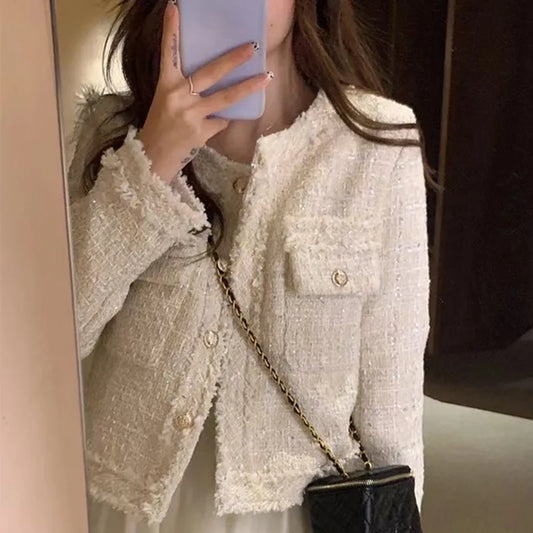 HJLZWB New Fashion Korean Chic Vintage Tweed Woolen Jacket Coat Women Autumn Single Breasted Plaid Tassel Office Lady Outwea2023