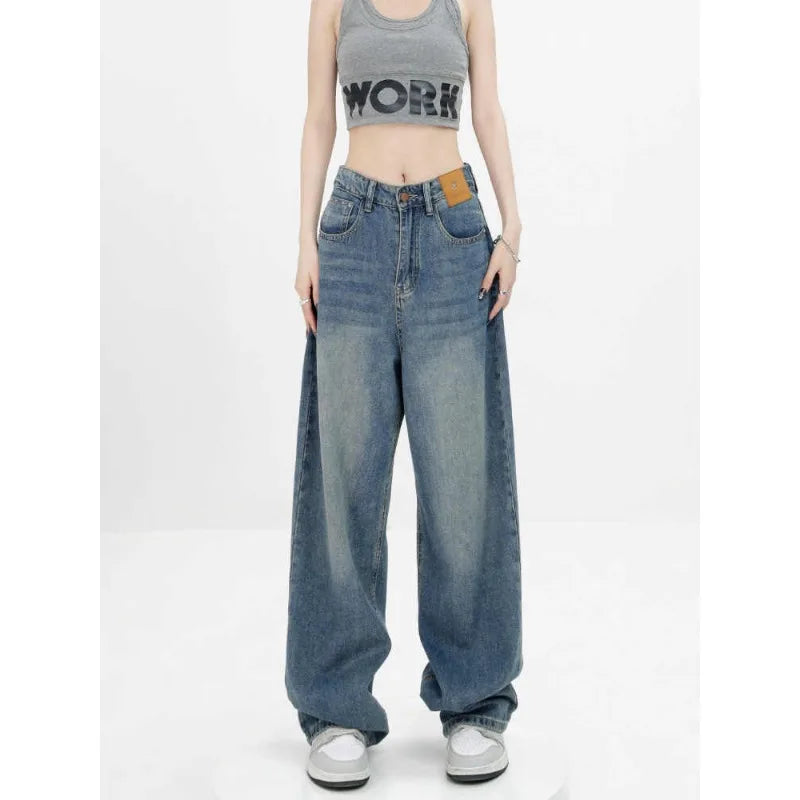 Womens Jeans High Waist Slim Fit Personality Denim Trousers Autumn Winter New Blue Loose Straight Wide Leg Drag Thin