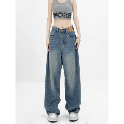 Womens Jeans High Waist Slim Fit Personality Denim Trousers Autumn Winter New Blue Loose Straight Wide Leg Drag Thin