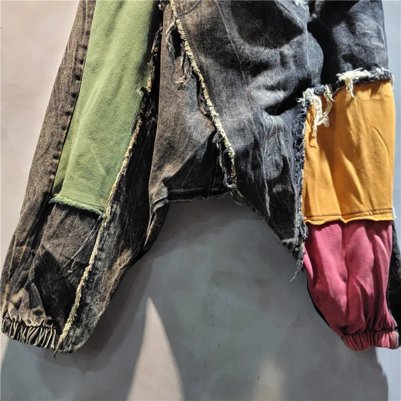 YEAE personalized crotch pants women's 2024 autumn new asymmetrical color matching loose large size jeans