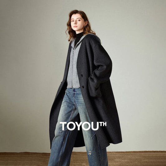 TOYOUTH Women Woolen Coat 2025 Winter New V Neck Mid Length Retro Female Overcoat Jacket Camel Black Gray