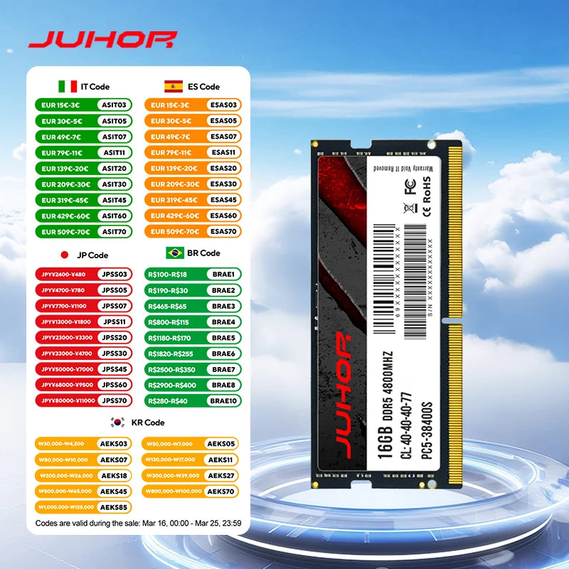 JUHOR Notebook Ram DDR5 16GB 4800MHz 5600MHz Laptop Memory ram