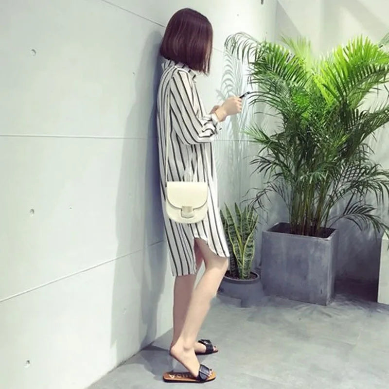 Long Sleeve Striped Printed Shirt Dress Female 2023 Simple All-match Turn-down Collar Fashion Chiffon Dresses Women's Clothing