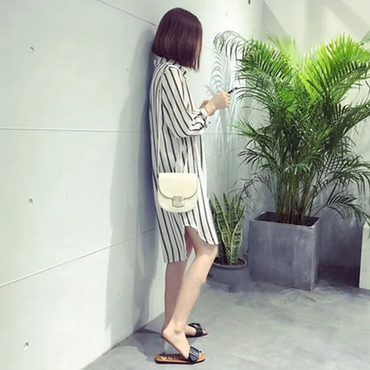 Long Sleeve Striped Printed Shirt Dress Female 2023 Simple All-match Turn-down Collar Fashion Chiffon Dresses Women's Clothing