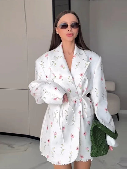 Elegant Floral Print Blazer Outerwear With Belt Women's Casual Lapel Long-Sleeve Shoulder Pads Jacket Loose Fit Outfit For Woman