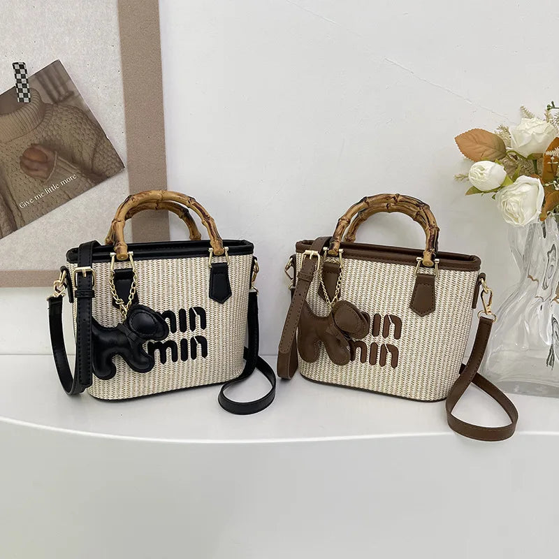 Women's Crossbody Bag Bamboo Fiber Woven Basket Bag Water Bucket Bag Zipper Closure, Versatile for Casual & Formal Occasions
