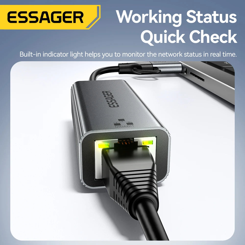 Essager 2-in-1 Ethernet Adapter USB-A/Type-C to RJ45 Network Card 1000Mbps Ethernet Gigabit Adapter Lan Card for MacBook Laptop