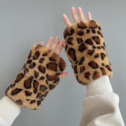 High Quality Leopard Faux Rabbit Fur Gloves Women Half Finger Gloves Winter Warm Fur Fingerless Gloves Handmade Furry Mittens