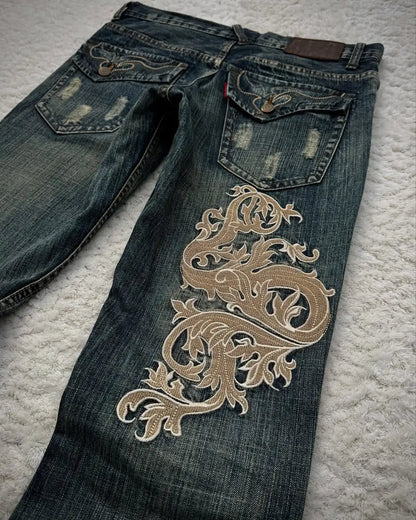 Retro Shallow Water Washing High-bright Lines Thorn Art Embroidery Pattern Y2K Blue Jeans Women's Personalized Micro-flare Pants