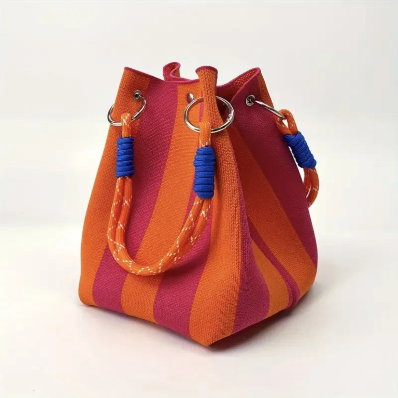 Trendy Woven Bucket Bag for Women, Korean Fashion Knitted Handheld Shoulder Bag, Lightweight Tote for Vacation Shopping Travel