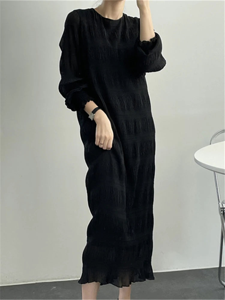 Colorfaith DR3520 New 2024 Chiffon Fold Chic Wild Oversized High Waist Elegant Lady Women's Autumn Winter Holiday Long Dresses