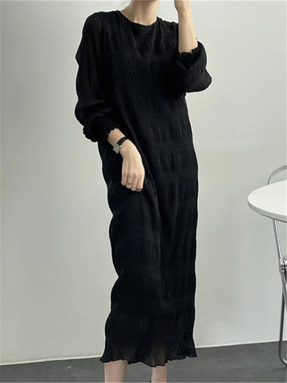 Colorfaith DR3520 New 2024 Chiffon Fold Chic Wild Oversized High Waist Elegant Lady Women's Autumn Winter Holiday Long Dresses