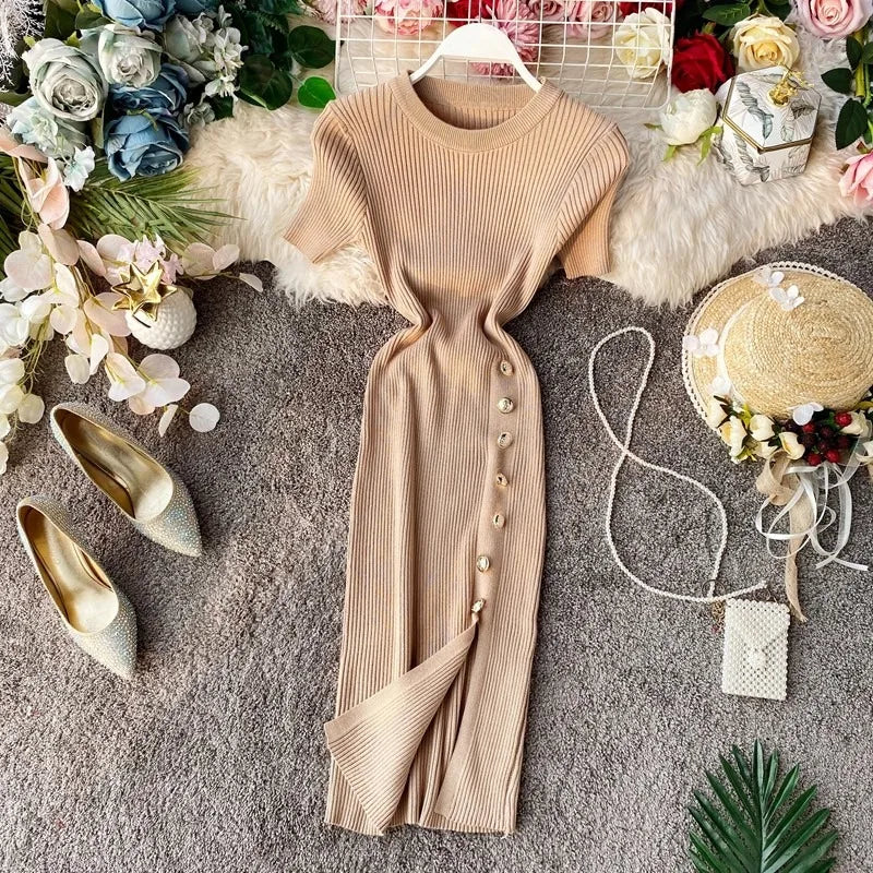 YuooMuoo  Women Dress European and American Fashion Short Sleeve Slimming Side Slit Knitted Mini Dress Streetwear Lady Outfits