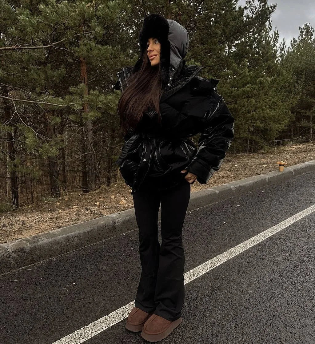 Shiny Reflective Cinched Waist Outwear Winter Luxury Elegant Lapel Cotton Coat Female Length Loose Trendy Thick Warm Down Jacket