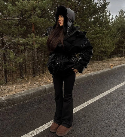 Shiny Reflective Cinched Waist Outwear Winter Luxury Elegant Lapel Cotton Coat Female Length Loose Trendy Thick Warm Down Jacket