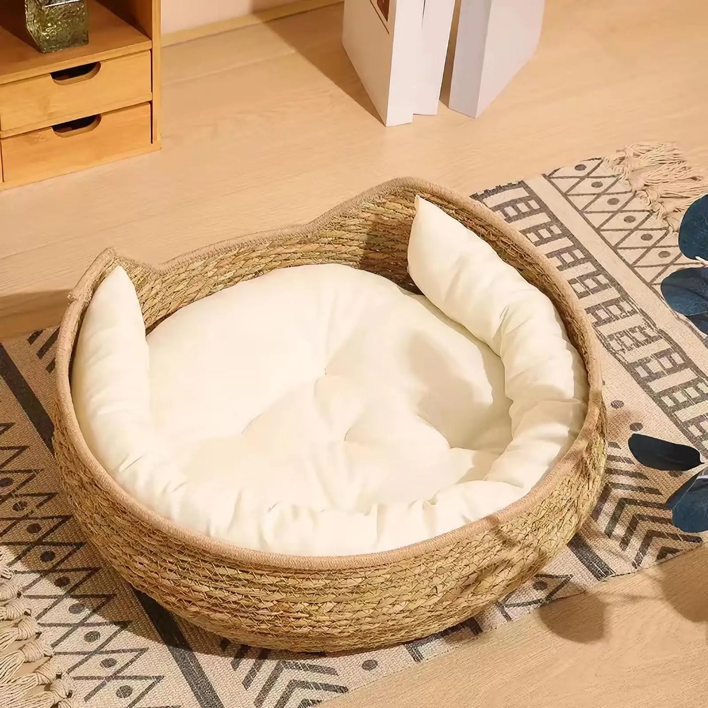 Cat Bed Woven Nest with Soft Cushion Pillow All Season Pet Sleeping Furniture for Cats Kittens Cozy Resting Scratching Lounge