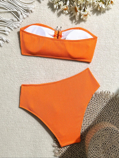 Sexy Orange Bikini 2025 Women Bandeau Metal U Wire Push Up Belt High Waist Swimsuit Beach Bathing Suit Holiday Swimwear Biquini