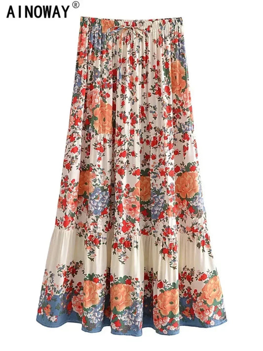 Vintage Chic Fashion Women Beach Bohemian Floral Print  Hippie Skirt High Elastic Waist Gothic Holiday Boho Maxi Skirts Femme