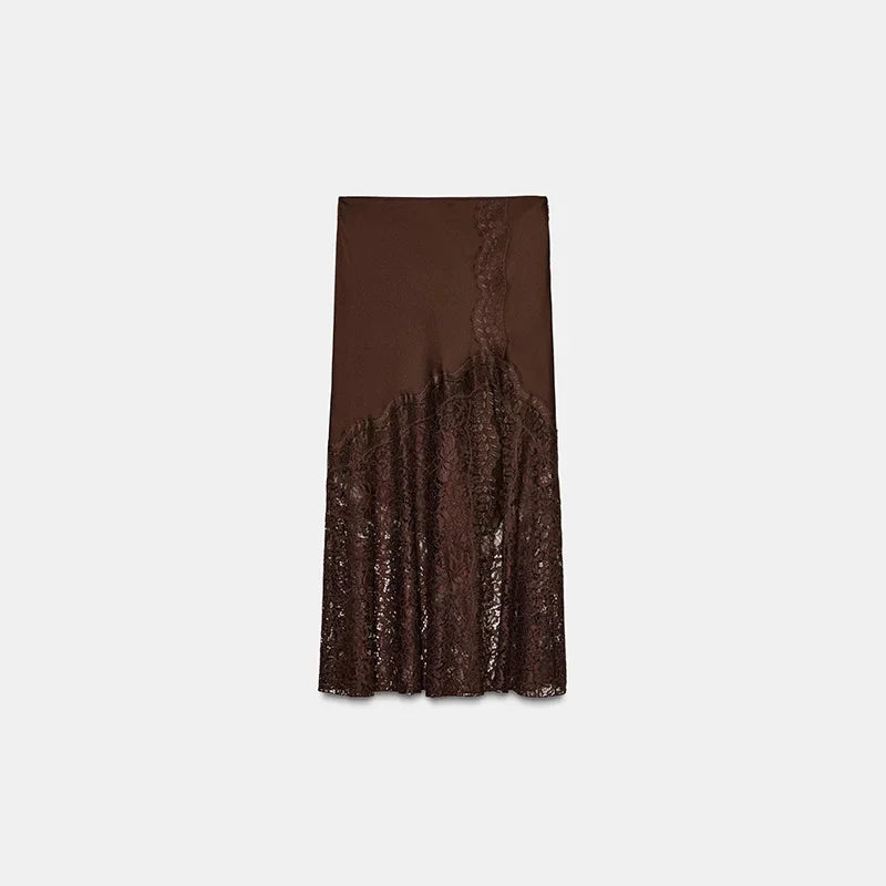 2026 Vintage Brown Lace Irregular Skirt Women Vintage Satin High Waist Slim Fit See Through Skirts New Spring Lady Party Outfits