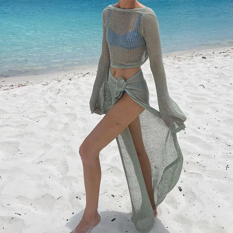 knitting Long Sleeve Bonds Top One piece Skirt Women Beach Vacation Bikini Cover Up Sun Bathing See-Through Sunscreen Smock