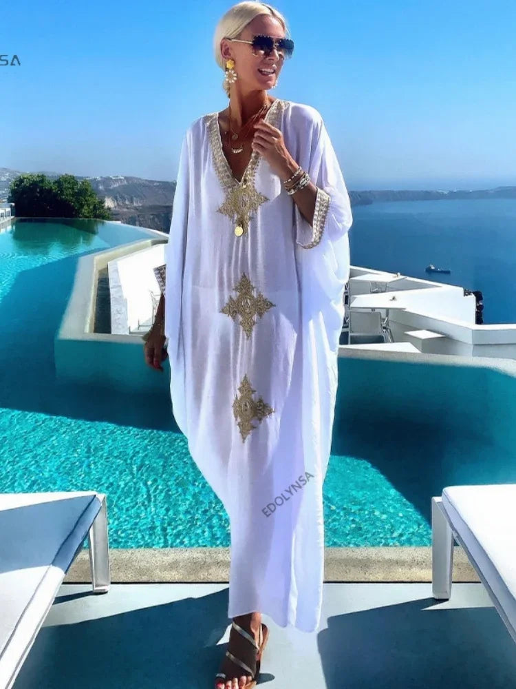2024 Elegant Gold Embroidered Kaftan Retro V-neck White Dress Plus Size Women Clothes Summer Beach Wear Swim Suit Cover Up Q1373